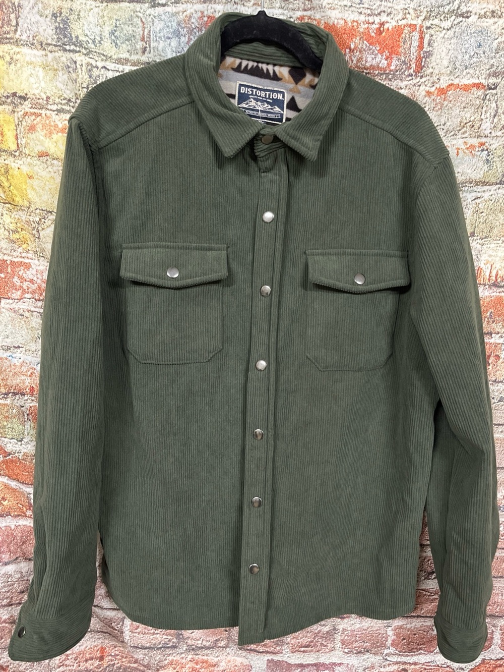 Distortion Olive Green Corduroy Aztec Fleece Lined Jacket Size M